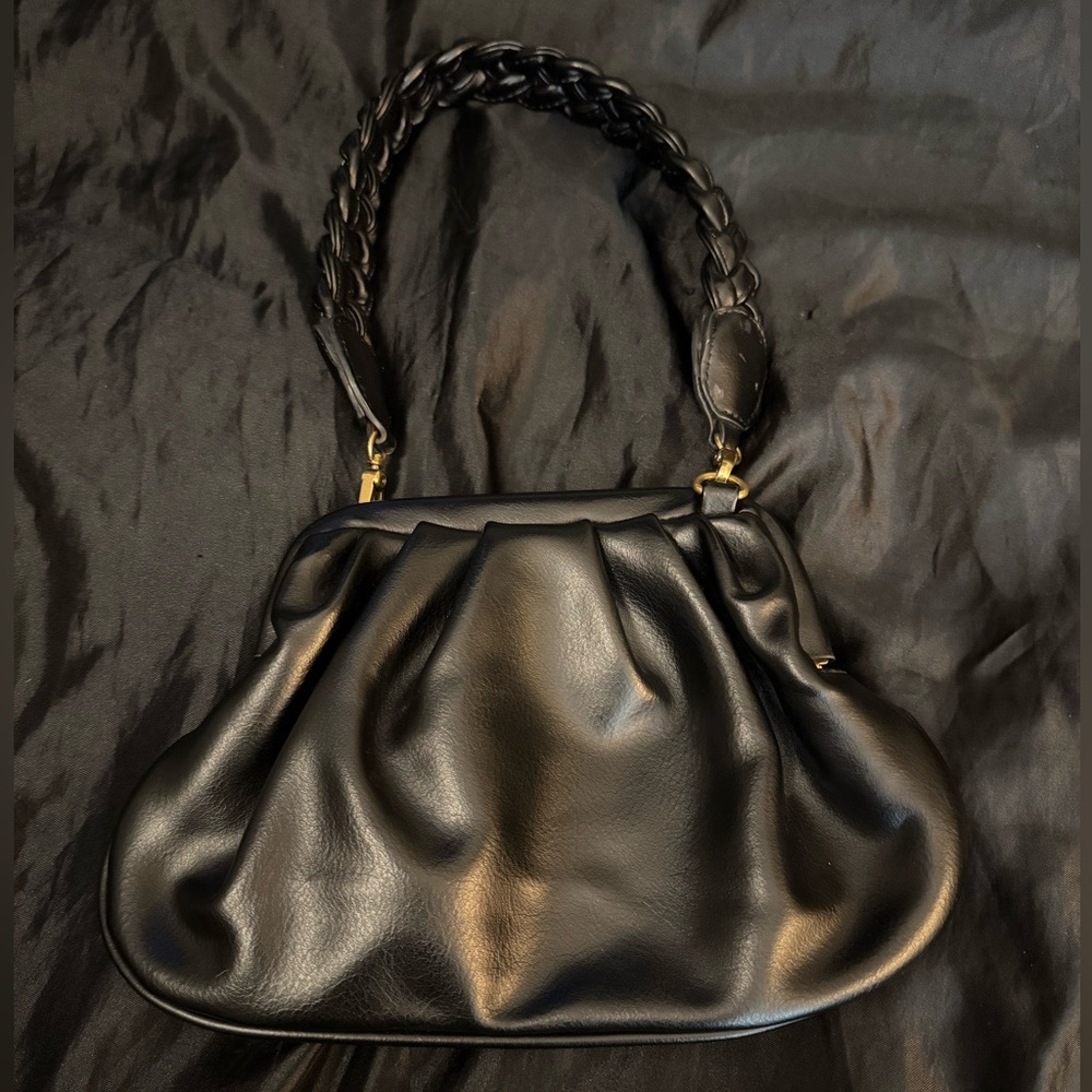 Anthropologie Black Faux Leather Braided Handle Pleated Frame Bag Purse